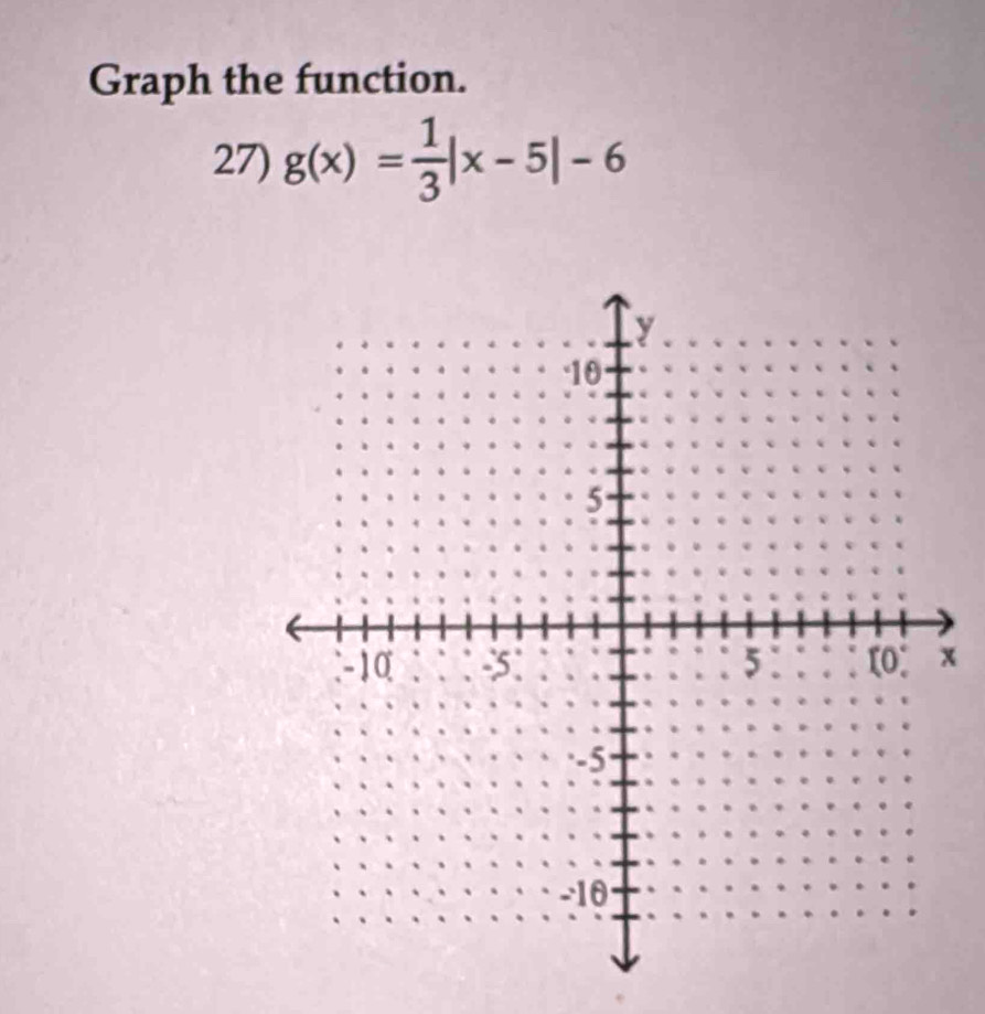 Graph the function.
27) g(x)= 1/3 |x-5|-6
x