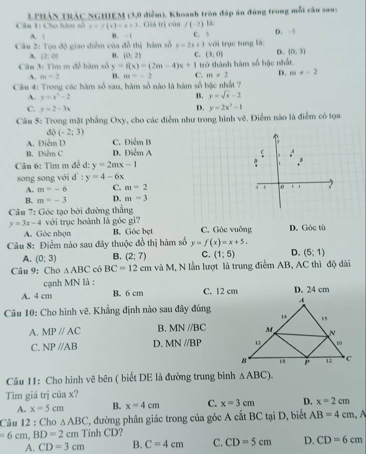 LPHẢN TRÁC NGHIEM (3,0 điểm). Khoanh tròn đáp án đúng trong mỗi câu sau:
Câu 1: Cho hàm sở y=f(x)=x+3. Giá trị của f(-2) l
A. | B. -1 C. 5 D. -5
Câu 2: Tọa độ giao điểm của đồ thị hàm số y=2x+3 với trục tung là:
A. (2;0) B. (0:2) C. (3;0) D . (0;3)
Câu 3: Tìm m để hàm số y=f(x)=(2m-4)x+1 trở thành hàm số bậc nhất.
A. m=2 B. m=-2 C. m!= 2 D. m!= -2
Câu 4: Trong các hàm số sau, hàm số nào là hàm số bậc nhất ?
A. y=x^3-2 B. y=sqrt(x)-2
D.
C. y=2-3x y=2x^2-1
Câu 5: Trong mặt phẳng Oxy, cho các điểm như trong hình vẽ. Điểm nào là điểm có tọa
dpartial (-2;3)
A. Dihat cmD C. Điểm B
B. Dihat cmC D. Điểm A c A
Câu 6: Tìm m để d: y=2mx-1 1 B
song song với d y=4-6x
A. m=-6 C. m=2
j 1 0 1 1
B. m=-3 D. m=3
Câu 7: Góc tạo bởi đường thắng
y=3x-4 với trục hoành là góc gì?
A. Góc nhọn B. Góc bẹt C. Góc vuông D. Góc tù
Câu 8: Điểm nào sau đây thuộc đồ thị hàm số y=f(x)=x+5.
D.
A. (0;3)
C.
B. (2;7) (1;5) (5;1)
Câu 9:Cho △ ABC có BC=12cm và M, N lần lượt là trung điểm AB, AC thì độ dài
cạnh MN là :
A. 4 cm B. 6 cm C. 12 cm D. 24 cm
Câu 10: Cho hình vẽ. Khẳng định nào sau đây đúng
A. MPparallel AC B. MN//BC
C. NP//AB D. MN//BP
Câu 11: Cho hình vẽ bên ( biết DE là đường trung bình △ ABC).
Tìm giá trị của x?
A. x=5cm B. x=4cm C. x=3cm D. x=2cm
Câu 12 : Cho △ ABC 2, đường phân giác trong của góc A cắt BC tại D, biết AB=4cm, A
=6cm,BD=2cm Tính CD?
A. CD=3cm B. C=4cm C. CD=5cm D. CD=6cm