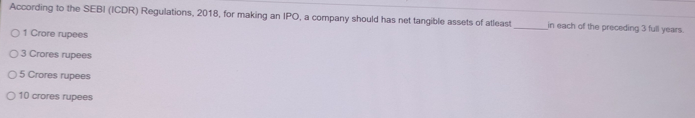 According to the SEBI (ICDR) Regulations, 2018, for making an IPO, a company should has net tangible assets of atleast_ in each of the preceding 3 full years.
1 Crore rupees
3 Crores rupees
5 Crores rupees
10 crores rupees