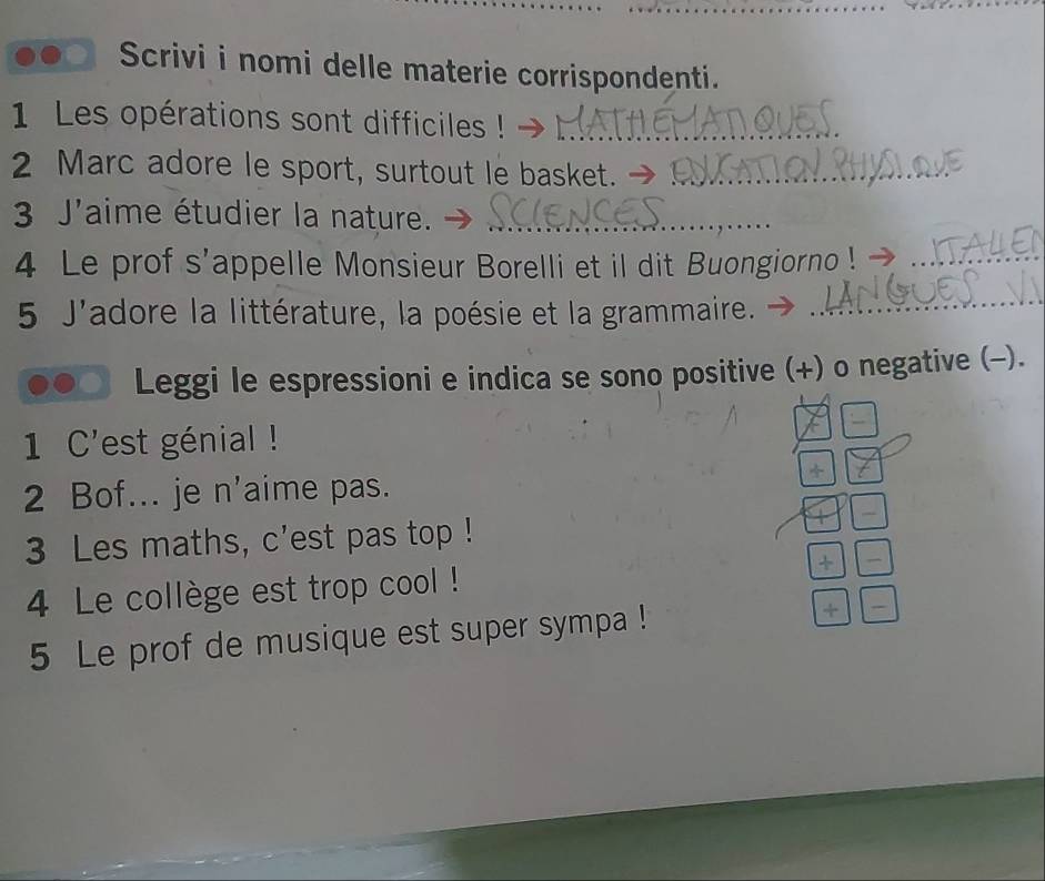 Scrivi i nomi delle materie corrispondenti. 
1 Les opérations sont difficiles !_ 
2 Marc adore le sport, surtout le basket -_ 
3 J'aime étudier la nature._ 
4 Le prof s'appelle Monsieur Borelli et il dit Buongiorno! →_ 
5 J'adore la littérature, la poésie et la grammaire. 
_ 
Leggi le espressioni e indica se sono positive (+) o negative (-). 
1 C'est génial ! 
2 Bof... je n'aime pas. 
3 Les maths, c'est pas top ! 
4 Le collège est trop cool ! + 
5 Le prof de musique est super sympa ! +