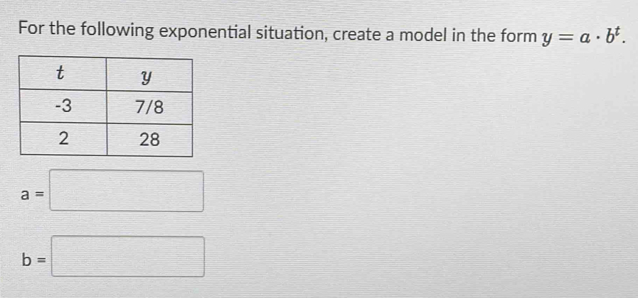 For the following exponential situation, create a model in the form y=a· b^t.
a=□
b=□