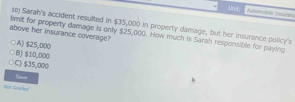 Automobile Insuran
10) Sarah's accident resulted in $35,000 in property damage, but her insurance policy's
above her insurance coverage? limit for property damage is only $25,000. How much is Sarah responsible for paying
A) $25,000
B) $10,000
C) $35,000
Save
Not Graded