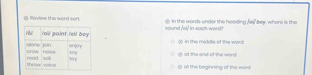 Review the word sort. In the words under the heading /oi/ boy, where is the
sound /oi/ in each word?
in the middle of the word
at the end of the word
。
⊙ at the beginning of the word