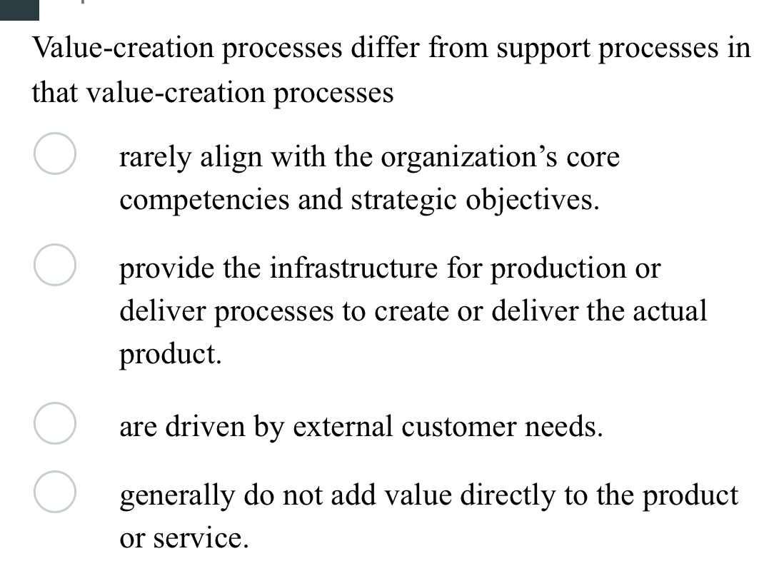 Solved: Value-creation processes differ from support processes in that ...
