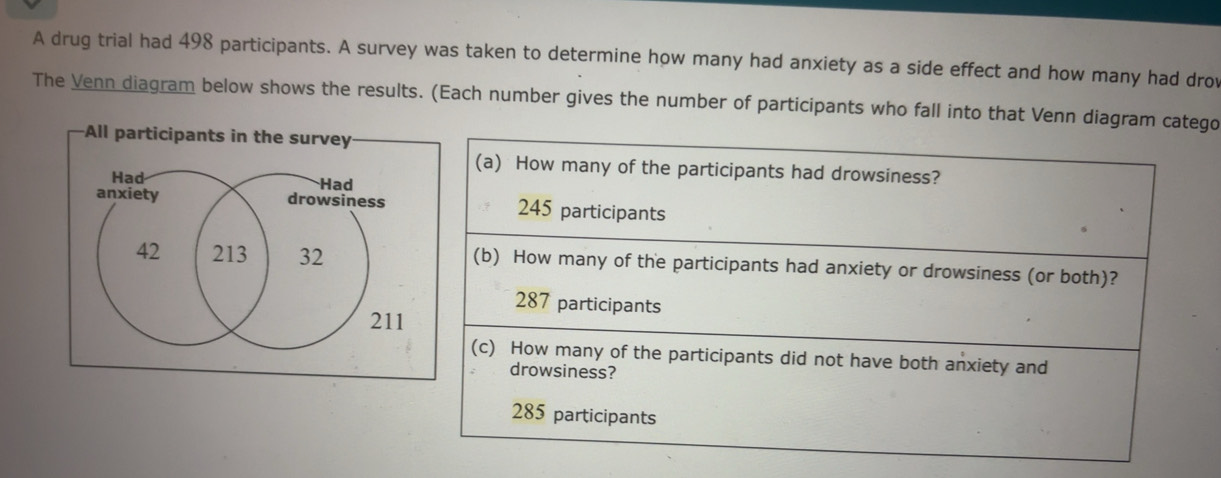 Solved: A drug trial had 498 participants. A survey was taken to ...