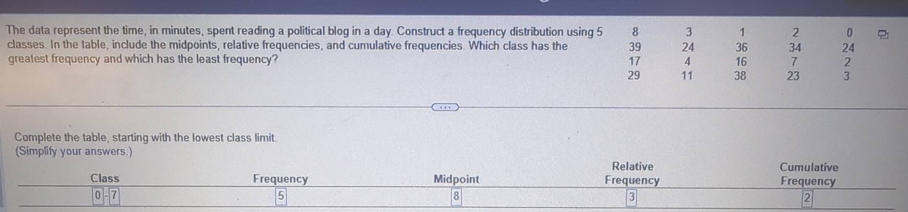 The data represent the time, in minutes, spent reading a political blog in a day. Construct a frequency distribution using 5 8 3 1 2 0
classes. In the table, include the midpoints, relative frequencies, and cumulative frequencies. Which class has the 39 24 36 34 24
greatest frequency and which has the least frequency? 17 4 16 7 2
29 11 38 23 3
Complete the table, starting with the lowest class limit. 
(Simplify your answers.) 
Relative Cumulative 
Class Frequency Midpoint Frequency Frequency
7
5
8
3
2