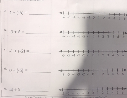 4+(-6)= _ 
6 
b. -3+6= _ 
C. -1+(-2)= _ 
d. 0+(-5)= _ 
e. -4+5= _