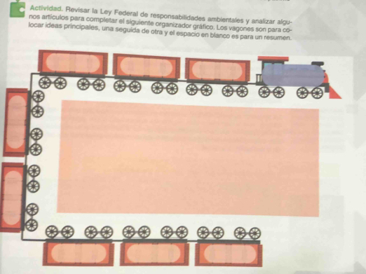 Actividad. Revisar la Ley Federal de responsabilidades ambientales y analizar algu- 
nos artículos para completar el siguiente organizador gráfico. Los vagones son para co- 
locar ideas principales, una seguida de otra y el espacio en blanco es para un resumen.