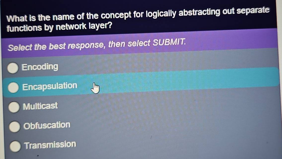 What is the name of the concept for logically abstracting out separate
functions by network layer?
Select the best response, then select SUBMIT.
Encoding
Encapsulation
Multicast
Obfuscation
Transmission