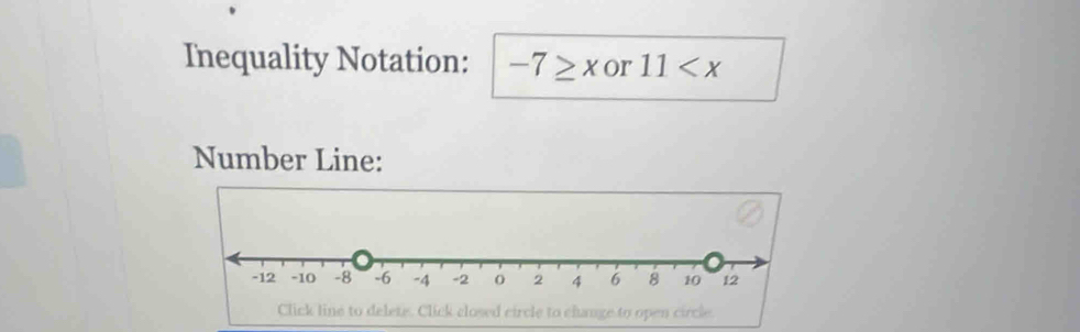 Inequality Notation: -7≥ x or 11
Number Line: