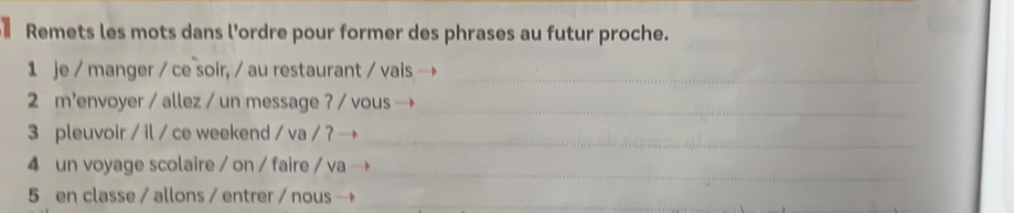 Remets les mots dans l'ordre pour former des phrases au futur proche. 
_ 
1 je / manger / ce soir, / au restaurant / vais 
_ 
2 m'envoyer / allez / un message ? / vous_ 
3 pleuvoir / il / ce weekend / va / ? → 
_ 
_ 
4 un voyage scolaire / on / faire / va 
5 en classe / allons / entrer / nous →_