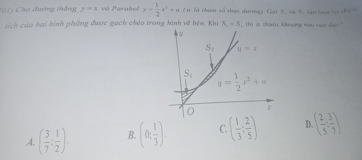 Cho đường thắng y=x và Parabol y= 1/2 x^2+a (à là tham số thực dương). Gọi Sựvà S, lần lượi là điện
tích của hai hình phăng được gạch chéo trong hình vẽ bên. Khi S_1=S_2 thì a thuộc khoang nào sau đây
A. ( 3/7 ; 1/2 ).
B. (0; 1/3 ).
C. ( 1/3 ; 2/5 ).
D. ( 2/5 : 3/7 )