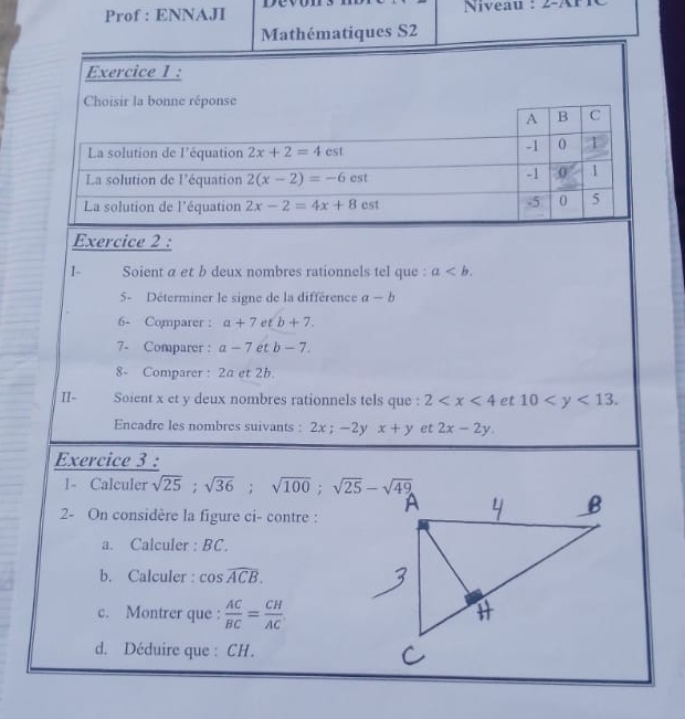 Solved: on Exercice I : Exercice 2 : I- Soient a et b deux nombres ...