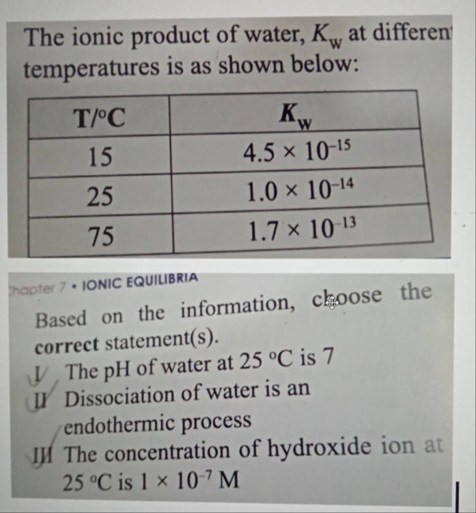 The ionic product of water, K_w at differen
temperatures is as shown below:
hapter 7 • IONIC EQUILIBRIA
Based on the information, choose the
correct statement(s).
The pH of water at 25°C is 7
I Dissociation of water is an
endothermic process
Ⅲ The concentration of hydroxide ion at
25°C is 1* 10^(-7)M