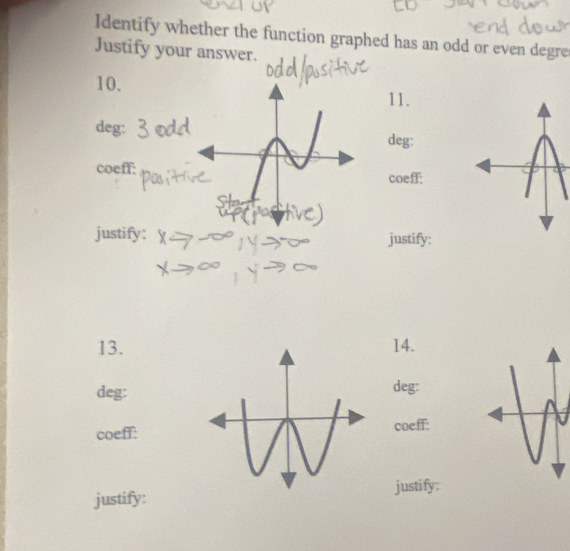 Identify whether the function graphed has an odd or even degre 
Justify your answer. 
10.11. 
deg:deg: 
coeff: 
coeff: 
justify: justify: 
13. 14. 
deg:deg: 
coeff:coeff: 
justify:justify: