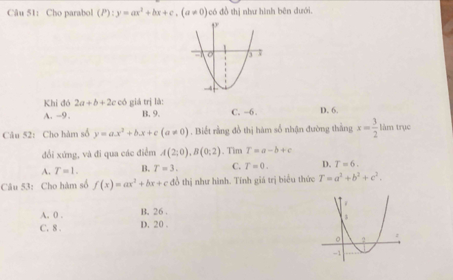 Câu 51： Cho parabol (P):y=ax^2+bx+c, (a!= 0) có đồ thị như hình bên dưới.
Khi đó 2a+b+2c có giá trị là:
A. -9. B. 9. C. -6. D. 6.
Câu 52: Cho hàm số y=ax^2+bx+c(a!= 0). Biết rằng đồ thị hàm số nhận đường thẳng x= 3/2  làm trục
đổi xứng, và đi qua các điểm A(2;0), B(0;2) 、 Tìm T=a-b+c
A. T=1. B. T=3. C. T=0. D. T=6. 
Câu 53: Cho hàm số f(x)=ax^2+bx+c đồ thị như hình. Tính giá trị biểu thức T=a^2+b^2+c^2.
A. 0. B. 26.
C. 8. D. 20.