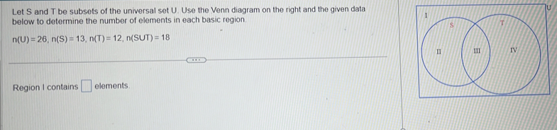 Let S and T be subsets of the universal set U. Use the Venn diagram on the right and the given data lu 
below to determine the number of elements in each basic region.
n(U)=26, n(S)=13, n(T)=12, n(S∪ T)=18
Region I contains □ elements.