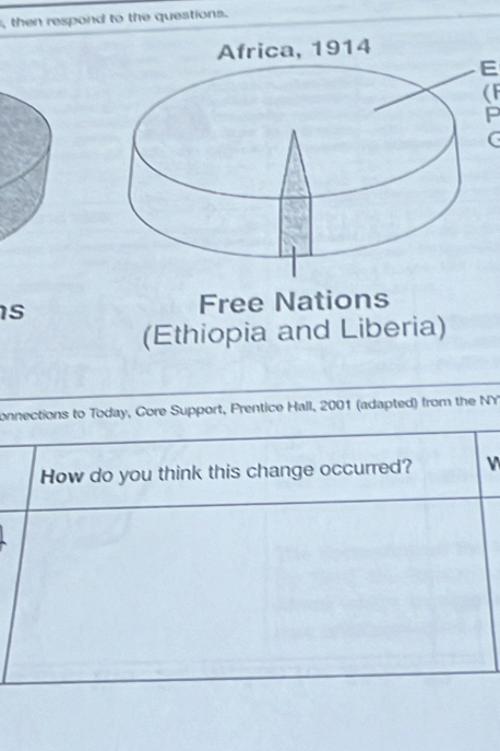 then respond to the questions. 
E 
(F 
P 
C 
Free Nations 
(Ethiopia and Liberia) 
onnections to Today, Core Support, Prentice Hall, 2001 (adapted) from the NY