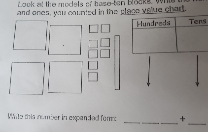 Look at the models of base-ten blocks. Wht 
and ones, you counted in the plvalue chart. 
Tens 
_ 
_ 
Write this number in expanded form: +