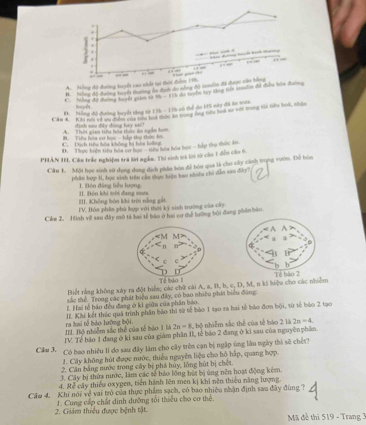 A Nồng độ đường buyết cao nhất tại thời điểm 196
B. Nẵng độ đường luyệt thường ôn định đo nông
C. Nông độ đường huyết giám từ 9h — 11h do tuyển tuy tăng tiết imul
hu yết .
D. Nồng độ đường huyết tăng từ 13h - 15h có thể do HS này đã ăn traa.
Câu 4. Khi nói về ưu điểm của tiểu boa thức ăn trong ông tiểu boa so với trong tửi tiểu boá, nhận
đình sau đây đùng hay sai?
A. Thời gian tiêu hòa thức ăn ngàn hơn.
B. Tiêu hóa cơ học - hấp thụ thức ăn.
C. Dịch tiêu hôa không bị hòa loàng
D. Thực hiện tiêu hóa cơ học - tiêu hóa hóa học - hấp tha thức ăm.
PHÀN III Câu trắc nghiệm trả lời ngắn. Thì sinh trả lời từ câu 1 đến câu 6.
Câu 1. Một học sinh sử dụng dung địch phần bón để bón qua là cho cây cánh trọng vườn. Để bón
phân hợp li, học sinh trên cần thực hiện bao nhiều chi dân sau đây?
L Bón đúng liễu lượng.
II. Bón khi trời đang mưa.
III. Không bôn khi trời nằng gắt.
IV, Bỏn phân phù hợp với thời kỷ sinh trưởng của cây.
Câu 2, Hình về sau đây mô tả hai tế bảo ở hai cơ thể lưỡng bội đang phầnbảo.
 
Biết rằng không xảy ra đột biển; các chữ cái A, a, B, b, c, D, M, n kí hiệu cho các nhiễm
sắc thể. Trong các phát biểu sau đây, có bao nhiêu phát biểu đúng:
I. Hai tế bảo đều đang ở kì giữa của phân bảo.
II. Khi kết thúc quá trình phân bào thì từ tế bảo 1 tạo ra hai tế bào đơn bội, từ tế bảo 2 tạo
ra hai tế bào lưỡng bội.
III. Bộ nhiễm sắc thể của tế bào 1 là 2n=8 , bộ nhiễm sắc thể của tế bào 2 là 2n=4.
IV. Tế bào 1 đang ở kì sau của giảm phân II, tế bảo 2 đang ở kì sau của nguyênphân.
Câu 3. Có bao nhiêu lí do sau đây làm cho cây trên cạn bị ngập úng lâu ngày thì sẽ chết?
1. Cây không hút được nước, thiếu nguyên liệu cho hô hấp, quang hợp.
2. Cân bằng nước trong cây bị phá hủy, lông hút bị chết.
3. Cây bị thừa nước, làm các tế bào lông hút bị úng nên hoạt động kém.
4. Rễ cây thiếu oxygen, tiển hành lên men kị khí nên thiếu năng lượng.
Câu 4. Khi nói về vai trò của thực phẩm sạch, có bao nhiêu nhận định sau đây đúng ?
1. Cung cấp chất dinh dưỡng tối thiều cho cơ thể.
2. Giảm thiểu được bệnh tật.
Mã đề thi 519 - Trang 3