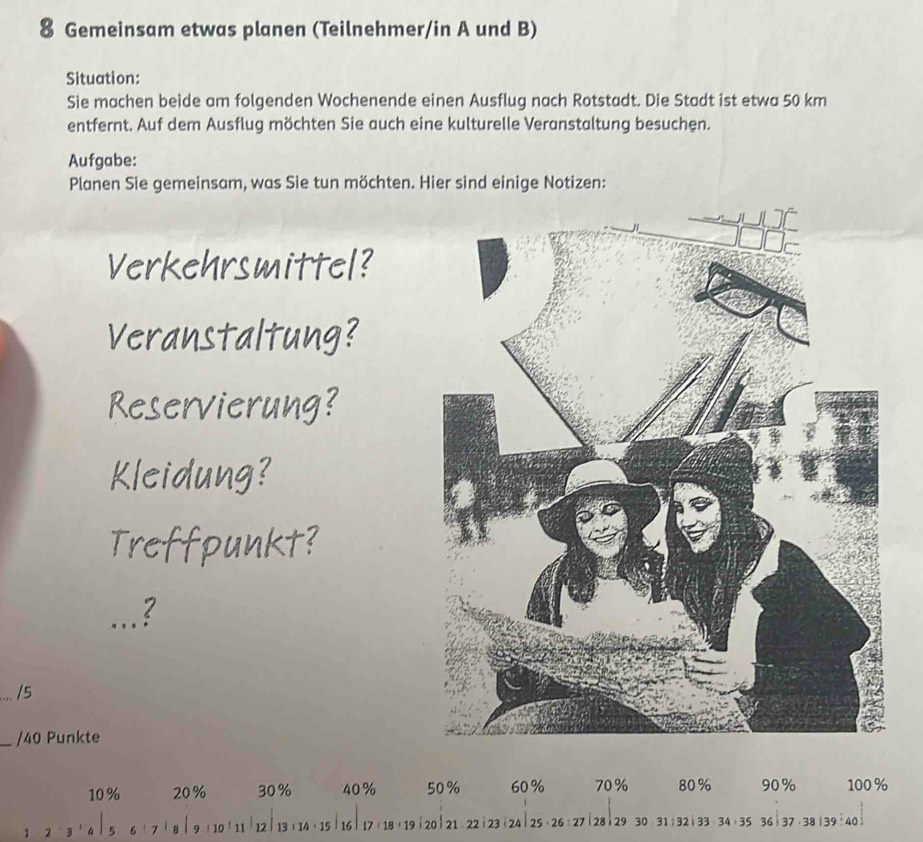 Gemeinsam etwas planen (Teilnehmer/in A und B) 
Situation: 
Sie machen beide am folgenden Wochenende einen Ausflug nach Rotstadt. Die Stadt ist etwa 50 km
entfernt. Auf dem Ausflug möchten Sie auch eine kulturelle Veranstaltung besuchen. 
Aufgabe: 
Planen Sie gemeinsam, was Sie tun möchten. Hier sind einige Notizen: 
Verkehrsmittel? 
Veranstaltung? 
Reservierung? 
Kleidung? 
Treffpunkt? 
...? 
. /5 
_/ 40 Punkte
10% 20% 30% 40% 50% 60% 70% 80% 90% 100 %
1 2 3 ' 4 Is 6 ! 7 | 8 | 9 ! 10 | 11 | 12 | 13 + 14 。 15 1161 17 / 18 ， 19 | 20 | 21 22 | 23 24 25 ， 26 : 27 128| 29 30 :31: 32| 33:34:35 36:37:38 |39:40)