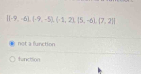 [(-9,-6),(-9,-5),(-1,2),(5,-6),(7,2)]
not a function
function