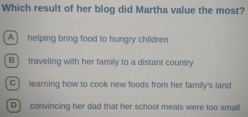 Which result of her blog did Martha value the most?
A helping bring food to hungry children
B) traveling with her family to a distant country
C) learning how to cook new foods from her family's land
D convincing her dad that her school meals were too small