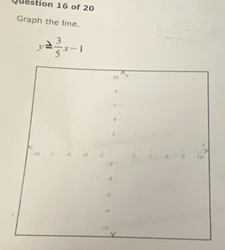 Graph the line.
y≥  3/5 x-1