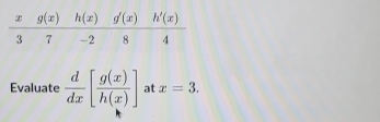 Evaluate  d/dx [ g(x)/h(x) ] at x=3.