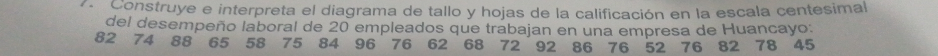 Construye e interpreta el diagrama de tallo y hojas de la calificación en la escala centesimal 
del desempeño laboral de 20 empleados que trabajan en una empresa de Huancayo:
82 74 88 65 58 75 84 96 76 62 68 72 92 86 76 52 76 82 78 45