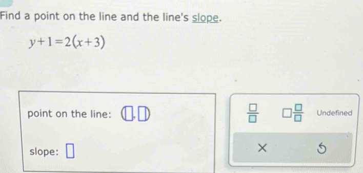 Find a point on the line and the line's slope.
y+1=2(x+3)
point on the line: 
 □ /□   □  □ /□   Undefined 
slope: 
×