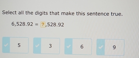 Select all the digits that make this sentence true.
6,528.92= ? ,528 .92
5 3 6 9