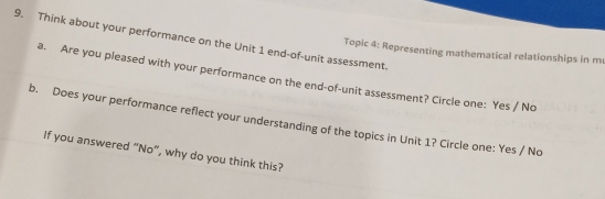 Think about your performance on the Unit 1 end-of-unit assessment. 
Topic 4: Representing mathematical relationships in m 
a. Are you pleased with your performance on the end-of-unit assessment? Circle one: Yes / No 
b. Does your performance reflect your understanding of the topics in Unit 1? Circle one: Yes / No 
If you answered “No”, why do you think this?