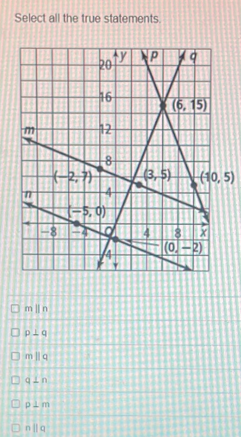 Select all the true statements.
mparallel n
p⊥ q
mparallel q
q⊥ n
p⊥ m
nparallel q