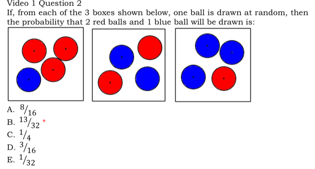 Video 1 Question 2
If, from each of the 3 boxes shown below, one ball is drawn at random, then
the probability that 2 red balls and 1 blue ball will be drawn is:
A. 8/16
B. 13/32 *
c. ¹/4
D. ³/16
E. ¹/32