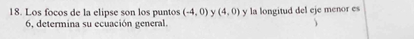Los focos de la elipse son los puntos (-4,0) y (4,0) y la longitud del eje menor es
6, determina su ecuación general.