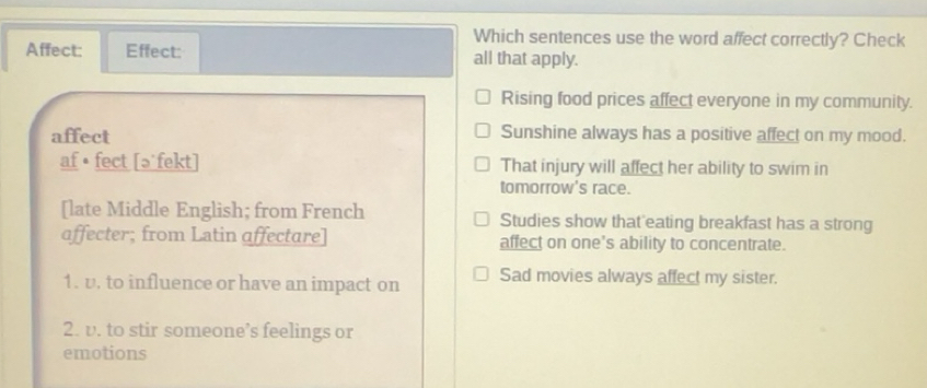 Solved: Which sentences use the word affect correctly? Check Affect ...