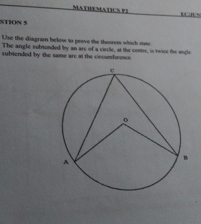 MATHEMATICS P2 EC/JUN 
STION 5 
Use the diagram below to prove the theorem which state. 
The angle subtended by an arc of a circle, at the centre, is twice the angle 
subtended by the same arc at the circumference.