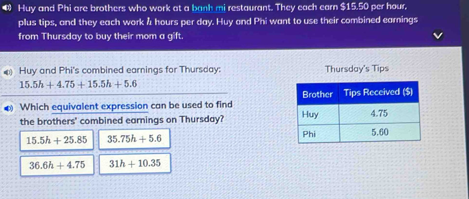 •》 Huy and Phi are brothers who work at a banh mi restaurant. They each earn $15,50 per hour,
plus tips, and they each work h hours per day. Huy and Phi want to use their combined earnings
from Thursday to buy their mom a gift.
Huy and Phi's combined earnings for Thursday: Thursday's Tips
15.5h+4.75+15.5h+5.6
◆ Which equivalent expression can be used to find
the brothers' combined earnings on Thursday?
15.5h+25.85 35.75h+5.6
36.6h+4.75 31h+10.35