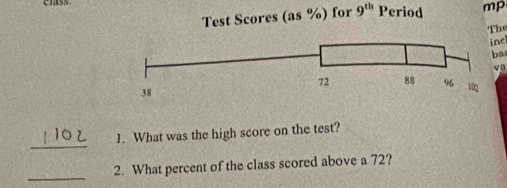 class Period 
Test Scores (as %) for 9^(th)
mp 
The 
ine 
ba 
va 
_ 
1. What was the high score on the test? 
_ 
2. What percent of the class scored above a 72?