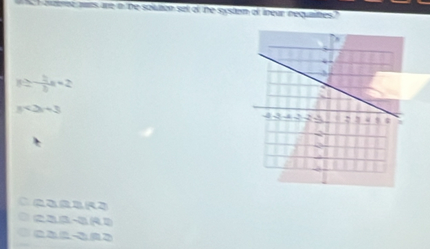 braet awrs are in the solution set of the systern of linear nequaites?
y= 2/3 x+2
y<2y+3
23=182
CDB-B-B(AD)
0200-0.012