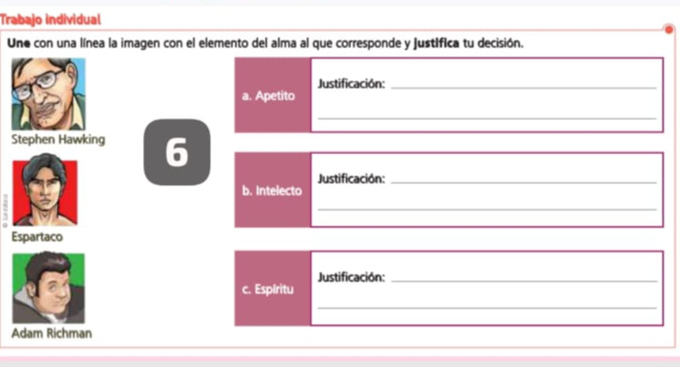 Trabajo individual 
Une con una línea la imagen con el elemento del alma al que corresponde y justifica tu decisión. 
Justificación:_ 
a. Apetito 
_ 
Stephen Hawking 6 
Justificación:_ 
b. Intelecto 
_ 
Espartaco 
Justificación:_ 
c. Espíritu 
_ 
Adam Richman