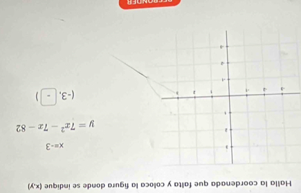 Halla la coordenada que falta y coloca la figura donde se indique (x,y)
x=-3
y=7x^2-7x-82
(-3,-)