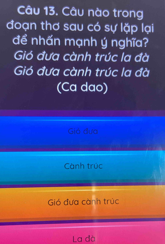 Câu nào trong
đoạn thơ sau có sự lặp lại
để nhấn mạnh ý nghĩa?
Gió đưa cành trúc la đà
Gió đưa cành trúc la đà
(Ca dao)
Gió đưa
Cành trúc
Gió đưa cành trúc
La đà