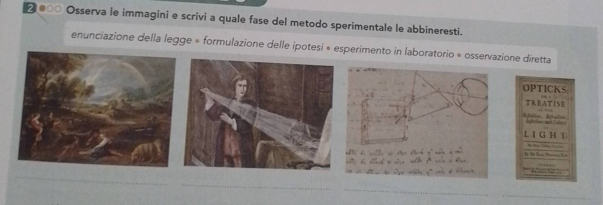 2●○○ Osserva le immagini e scrivi a quale fase del metodo sperimentale le abbineresti.
enunciazione della legge • formulazione delle ipotesi • esperimento in laboratorio • osservazione diretta
OPTICKS:
TREATISE
Dị the
Rééntees Réfresn 
Inffelliwer and Caftors
LI G H T
lly Sit huac Newva, Ke
*'Te Ta e d ' '