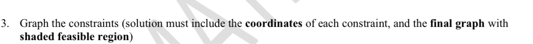 Graph the constraints (solution must include the coordinates of each constraint, and the final graph with 
shaded feasible region)