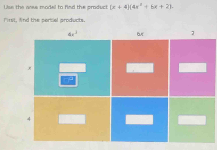 Use the area model to find the product (x+4)(4x^2+6x+2).
First, find the partial products.