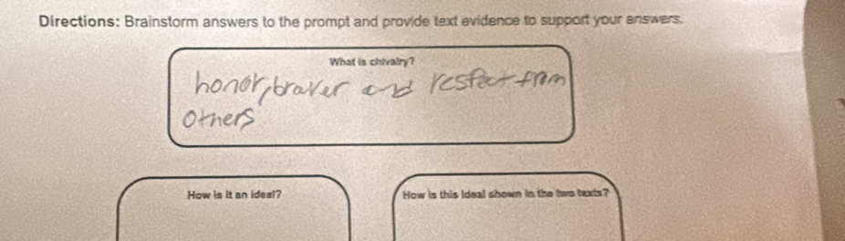 Directions: Brainstorm answers to the prompt and provide text evidence to support your answers. 
What is chivalry? 
How is it an ideal? How is this ideal shown in the two texts?