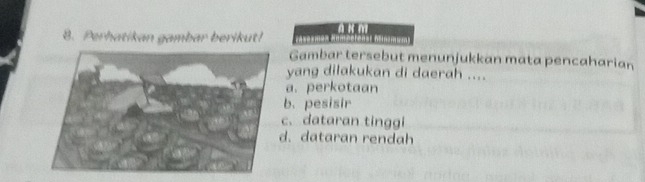 Perhatikan gambar berikut! A K M
Gambar tersebut menunjukkan mata pencaharian
yang dilakukan di daerah ....
a. perkotaan
b. pesisir
c. dataran tinggi
d. dataran rendah