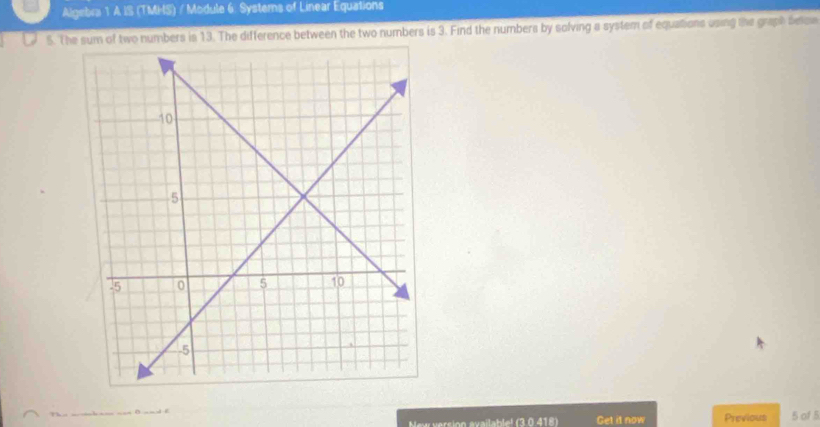 Algebra 1 A IS (TMHS) / Module 6. Systerns of Linear Equations 
5. The sum of two numbers is 13. The difference between the two numbers is 3. Find the numbers by solving a system of equations using the graph beloe 
n o 418 Get it now Previous 5 of 5